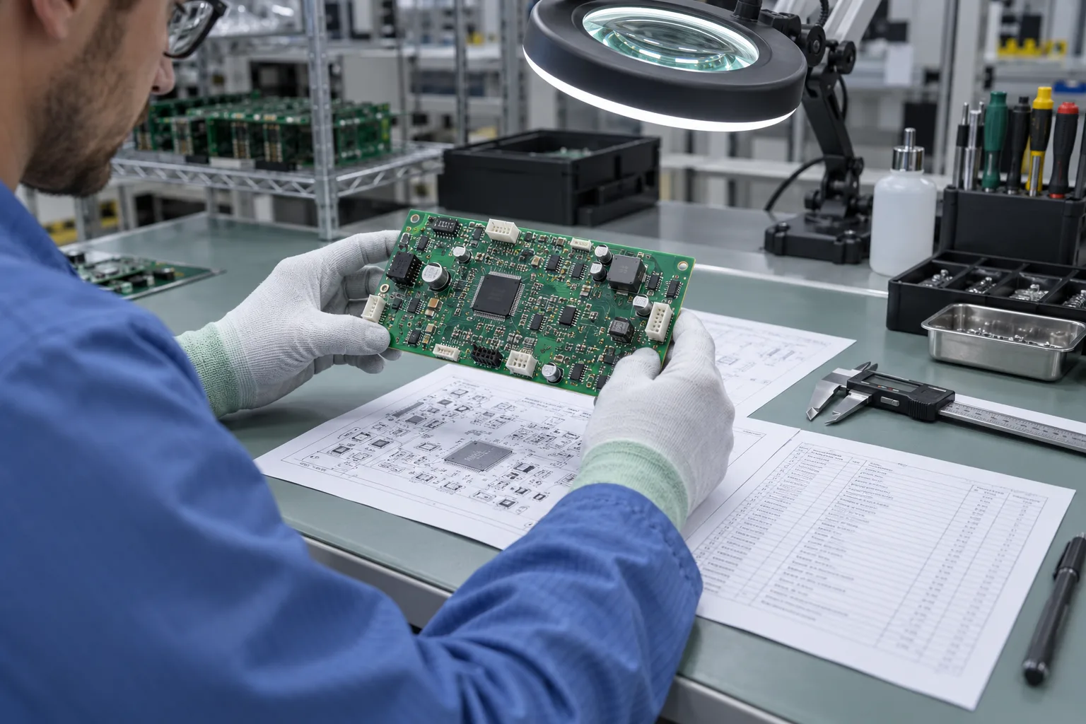 AI-generated illustration: engineer checking a generic populated PCBA against an assembly drawing and checklist; not a PCBArise facility, customer product or inspection record