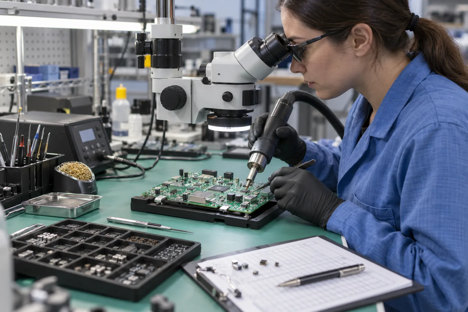 AI-generated illustration: technician performing controlled rework on a generic PCBA under a microscope; not a PCBArise facility, customer product or repair record