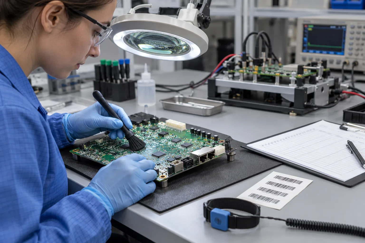AI-generated illustration: generic repaired PCBA being cleaned and inspected with a bench retest fixture in the background