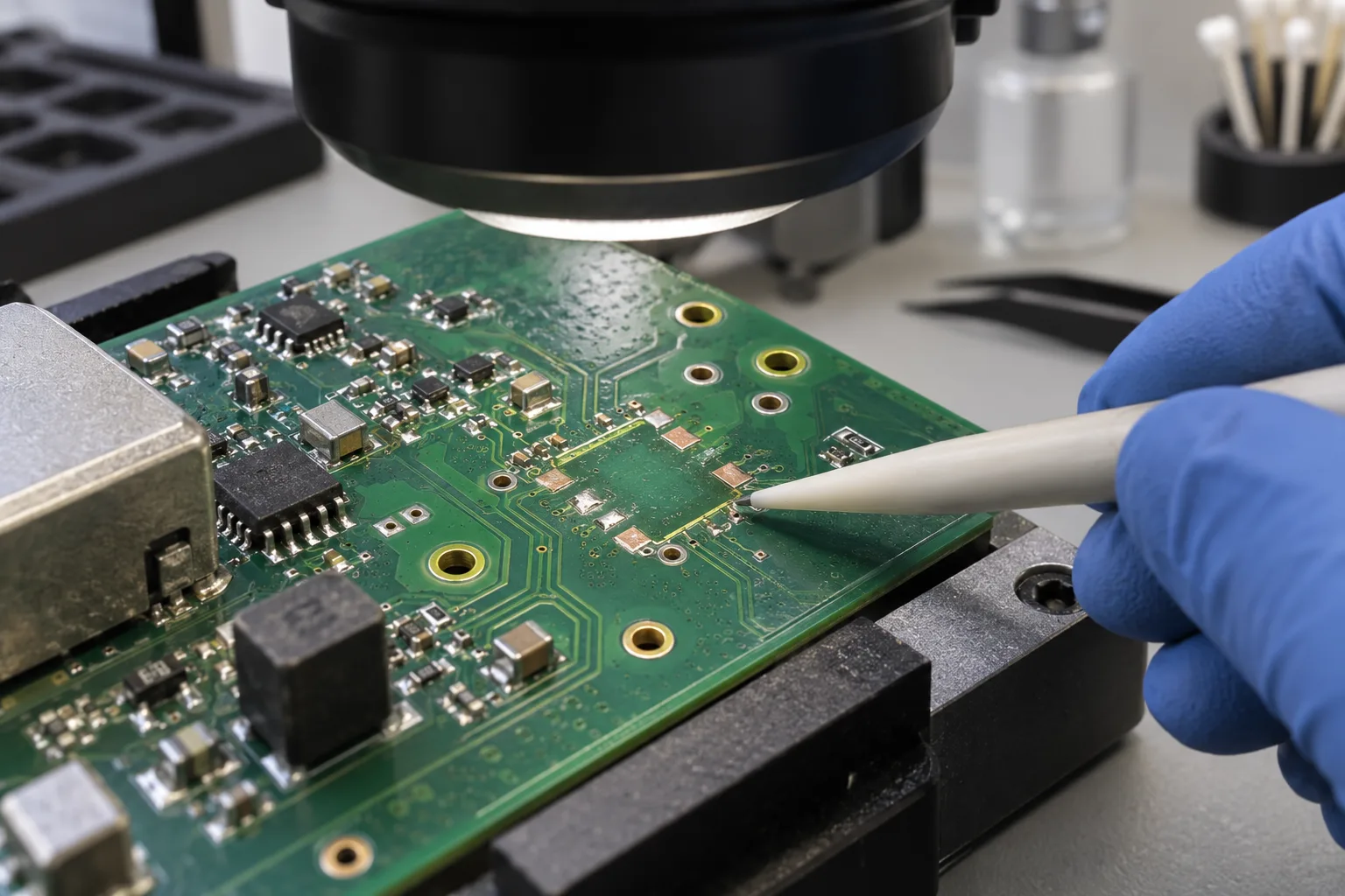 AI-generated illustration: microscope inspection of generic PCBA pads, traces, plated holes and solder mask after component removal