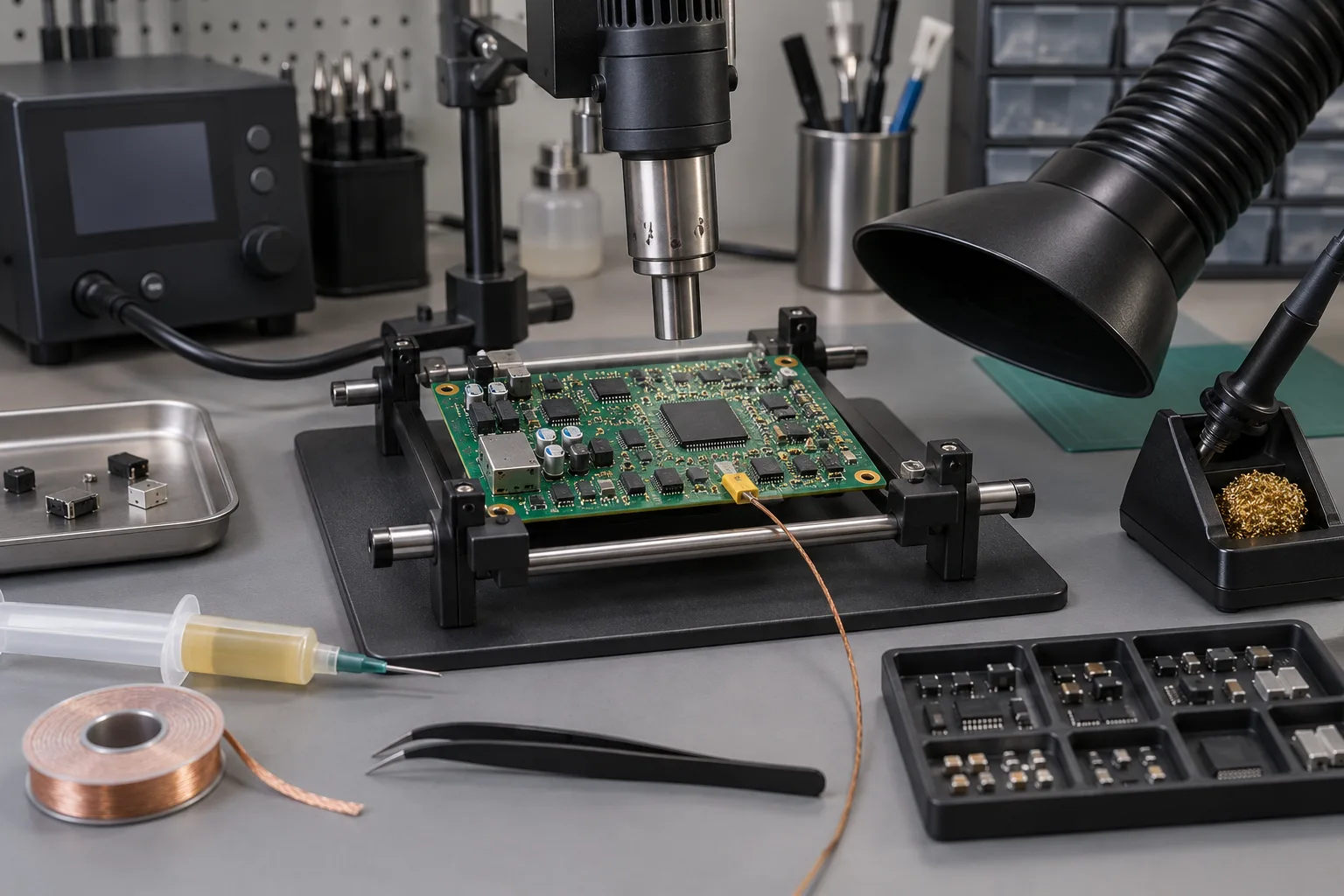 AI-generated illustration: generic PCBA rework station with hot-air tool, thermocouple, flux, solder wick and component tray