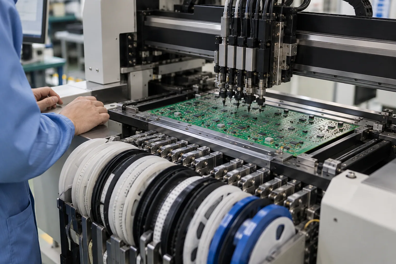 AI-generated illustration: SMT pick-and-place machine handling a green circuit board