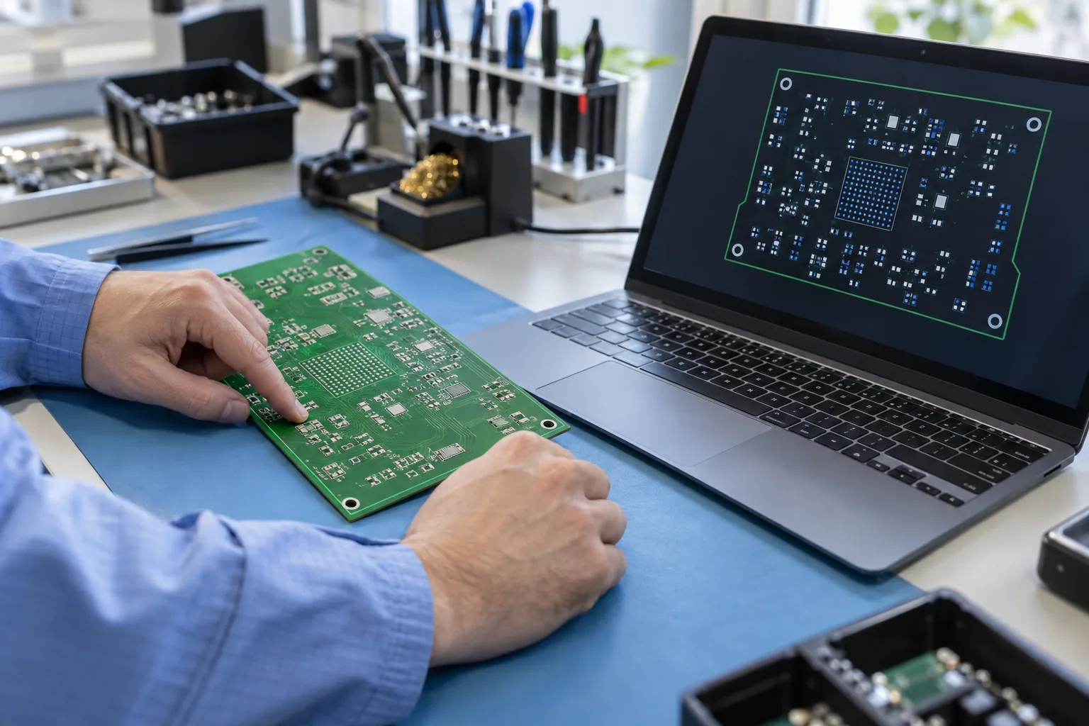 AI-generated illustration: a PCB and placement coordinates compared on an engineering desk