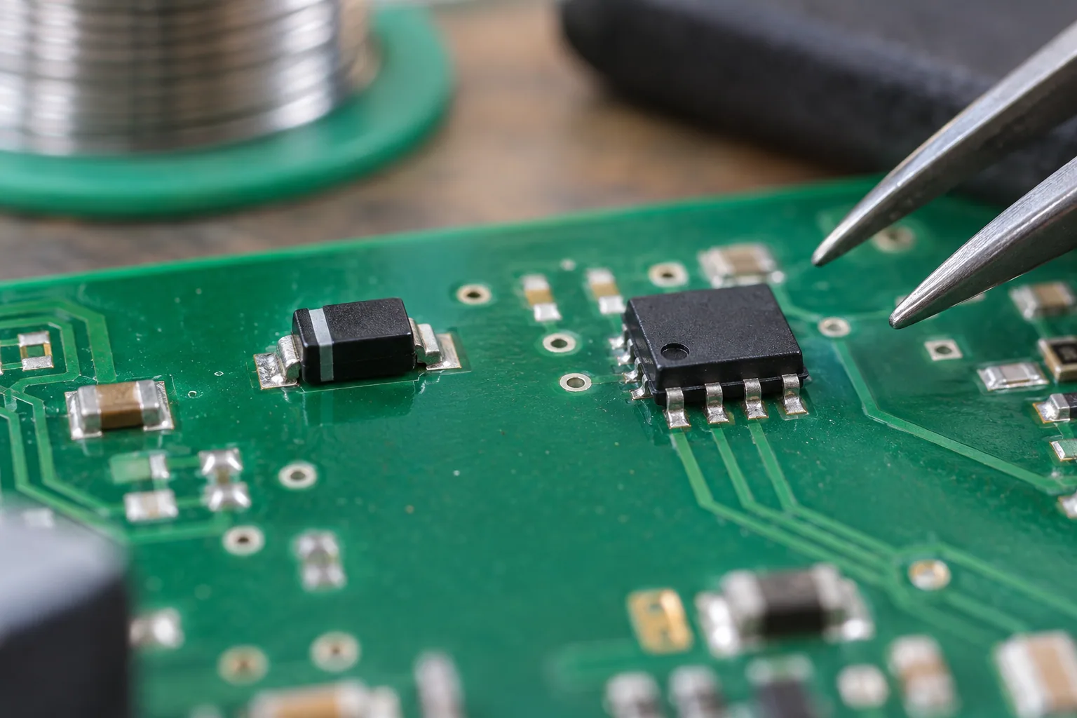 AI-generated illustration: close view of oriented components and solder pads on a PCBA