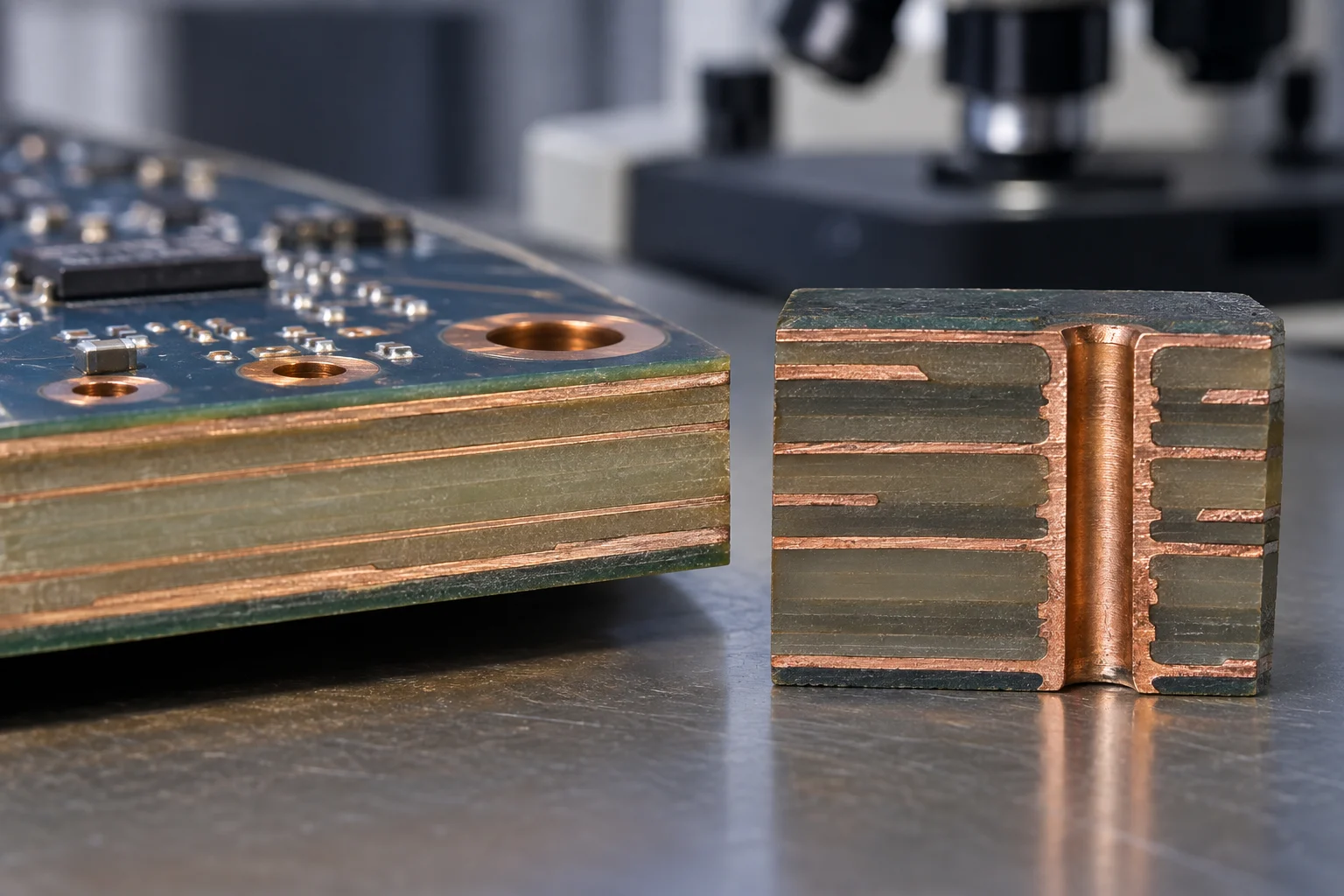 AI-generated illustration: cross-section coupon beside a multilayer power PCB, showing copper foil and plated-hole construction
