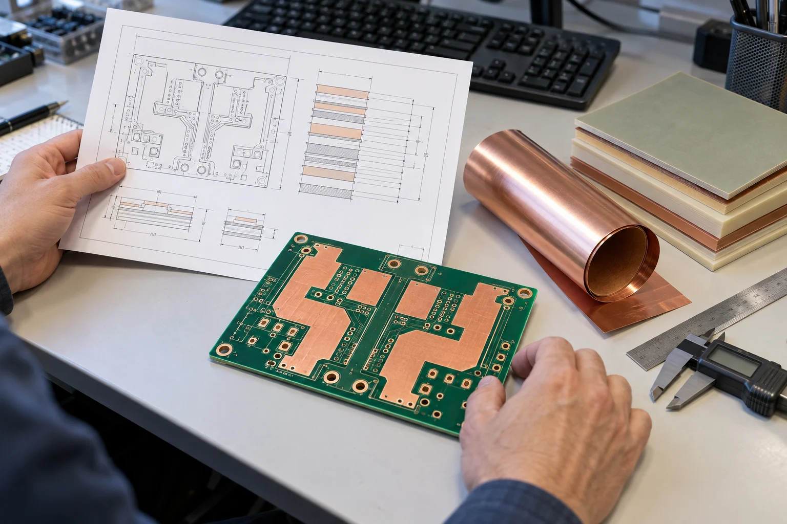 AI-generated illustration: engineer preparing a high-current PCB and stackup materials for a manufacturing handoff