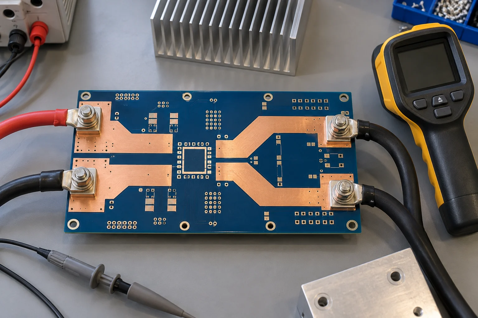 AI-generated illustration: bare power-conversion PCB with wide copper paths and a thermal camera nearby