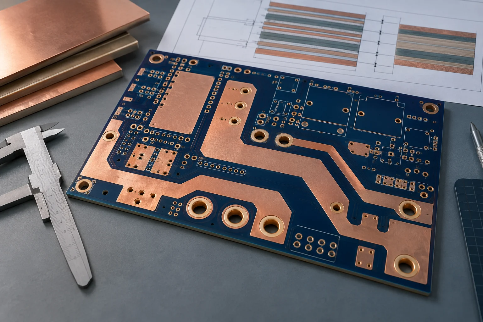 AI-generated illustration: bare high-current power PCB with wide copper paths and a stackup sketch; not a PCBArise production photograph