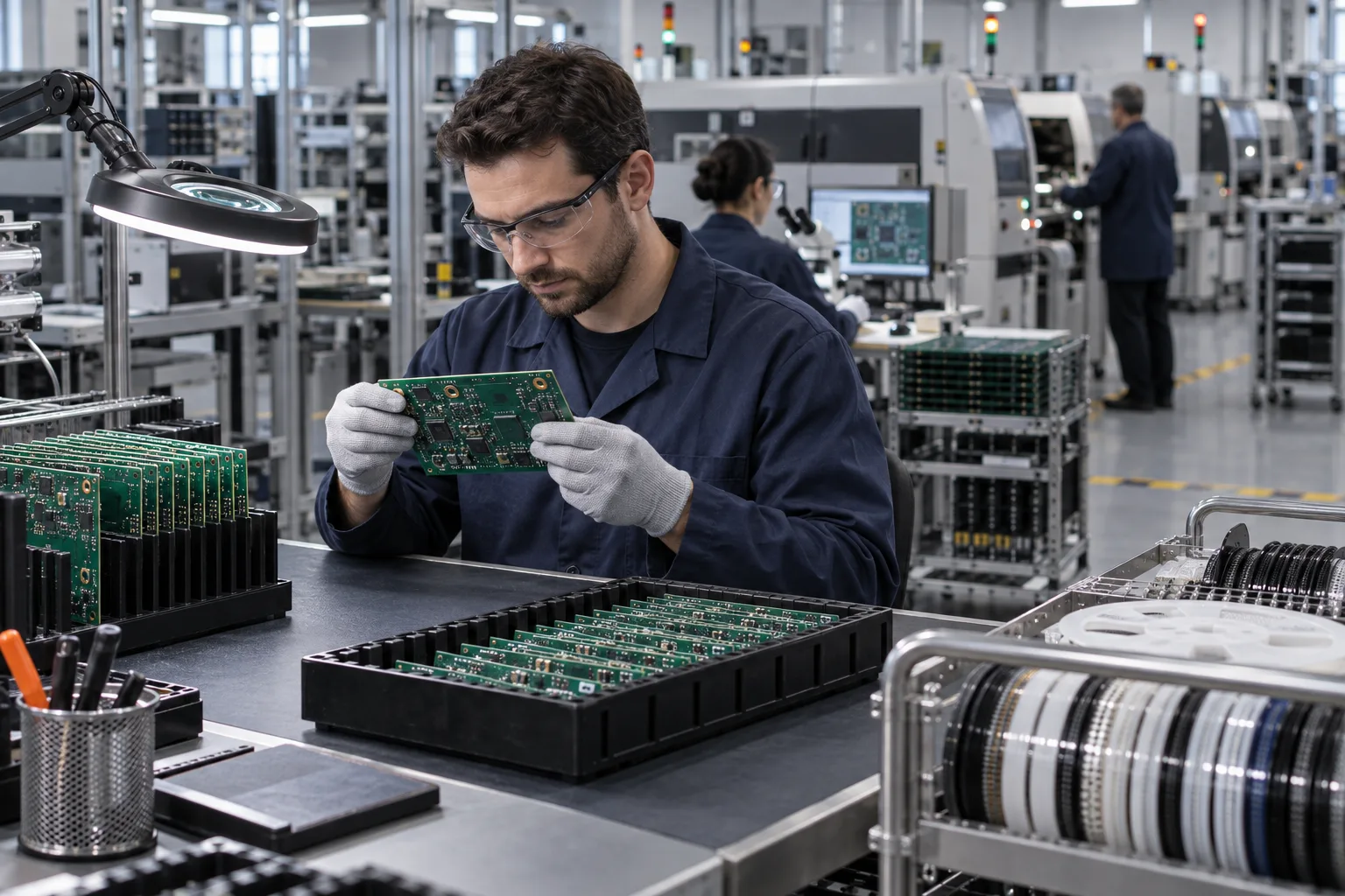 AI-generated editorial scene: Manufacturing handoff from prototype board to repeat assembly