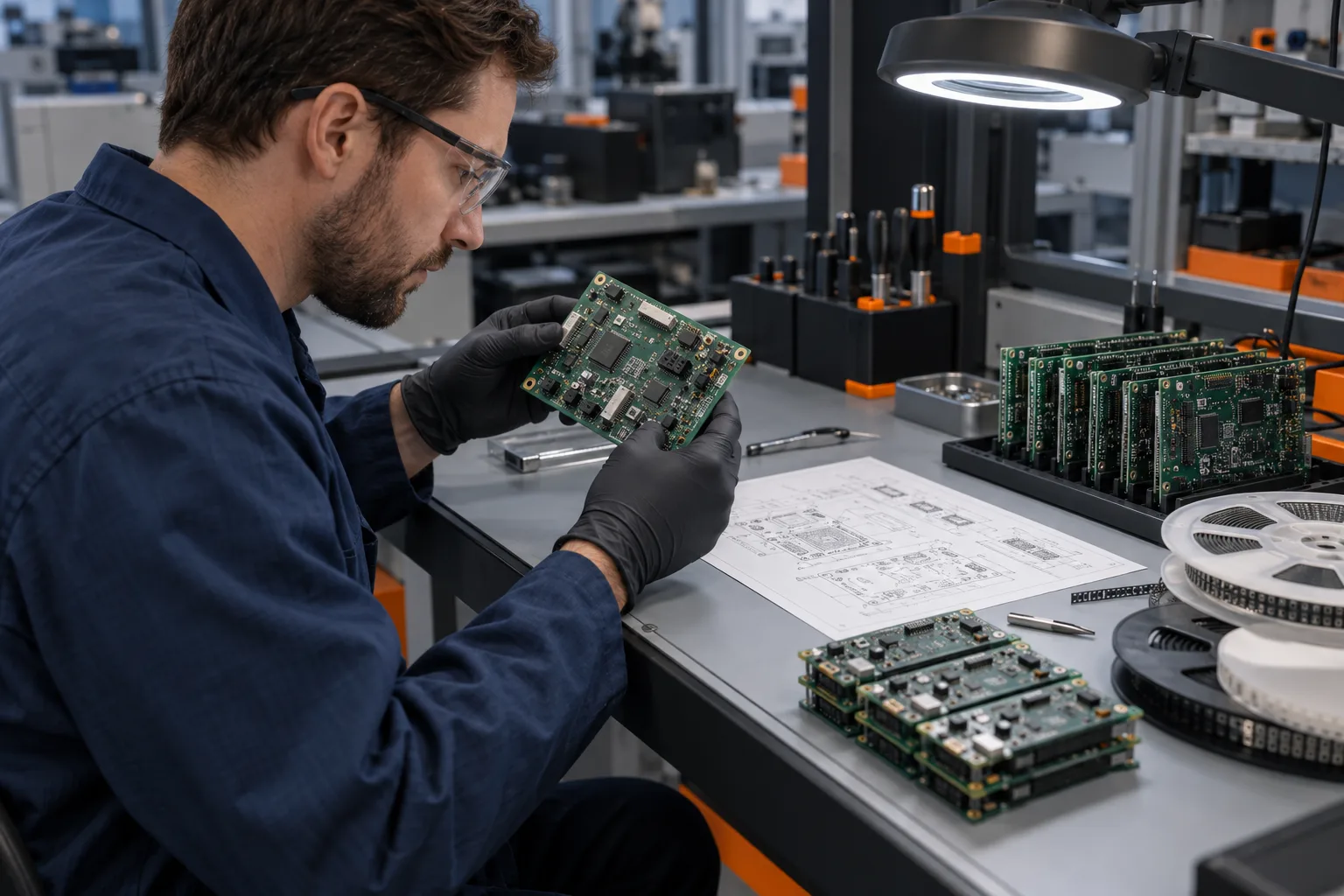 AI-generated editorial scene: Engineer reviewing a prototype PCBA before production transfer