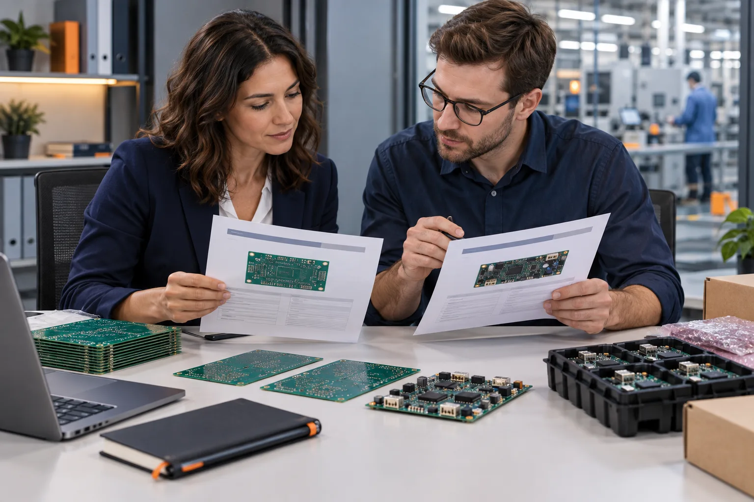 AI-generated editorial scene: Buyer and engineer comparing PCB quotation packages