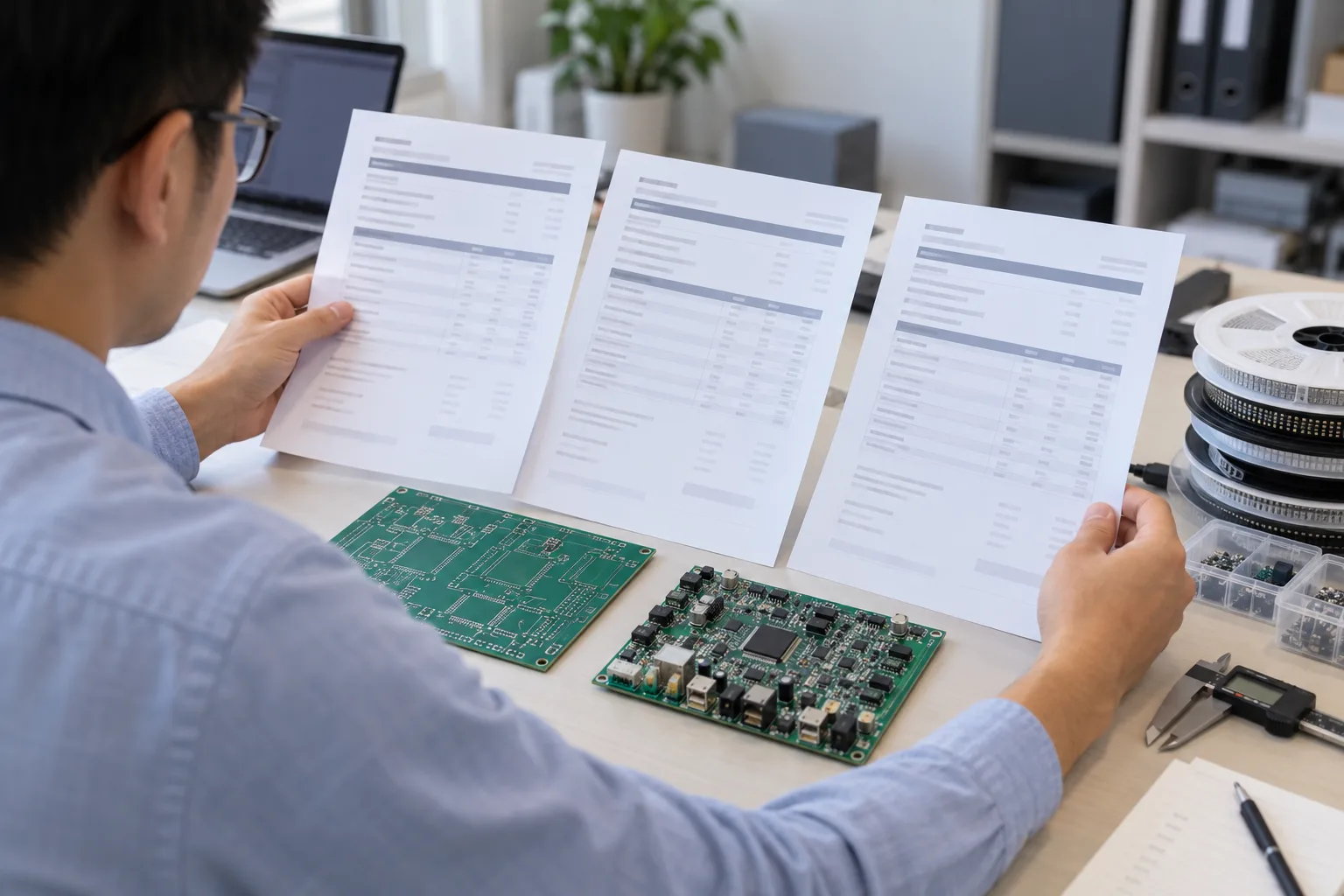 AI-generated editorial scene: PCB quote comparison checklist in a PCB or PCBA production context
