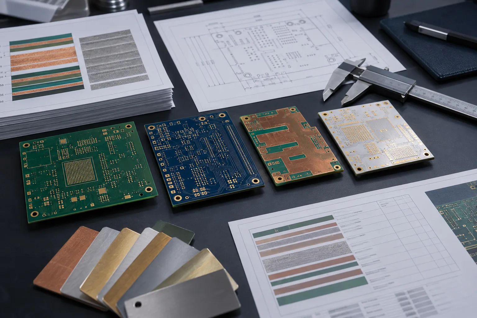 AI-generated editorial scene: PCB samples and fabrication drawings prepared for quote comparison