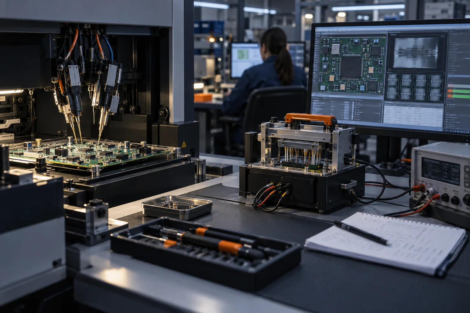 AI-generated editorial scene: PCB assembly test fixtures considered in a quote scope