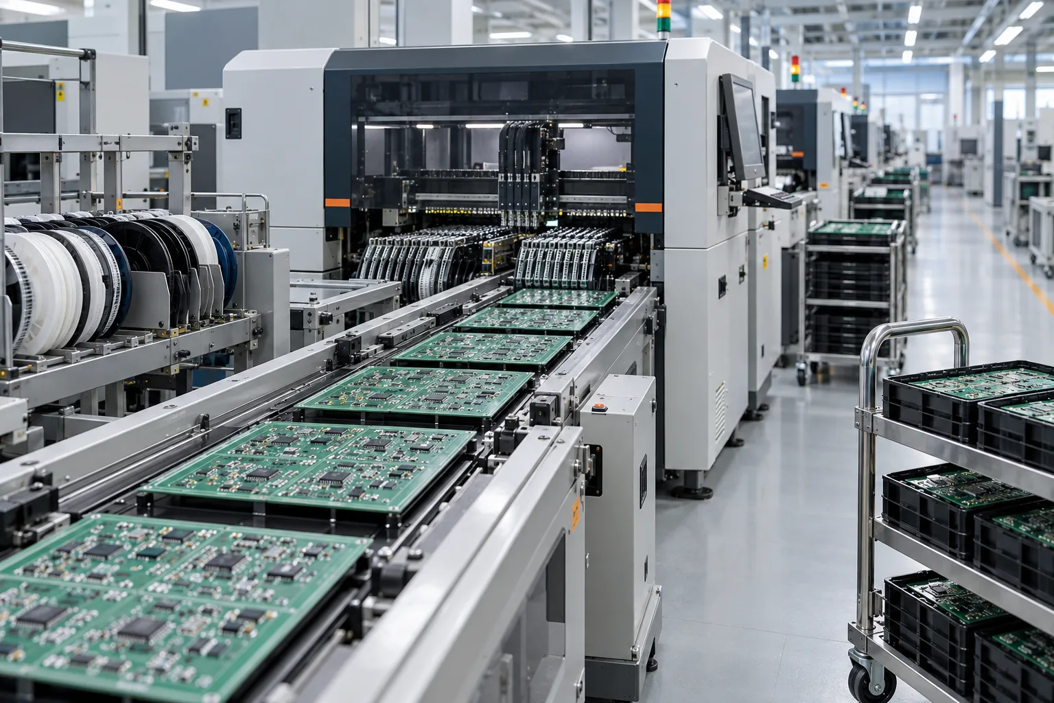 AI-generated editorial scene: Repeat-production SMT line assembling PCB panels