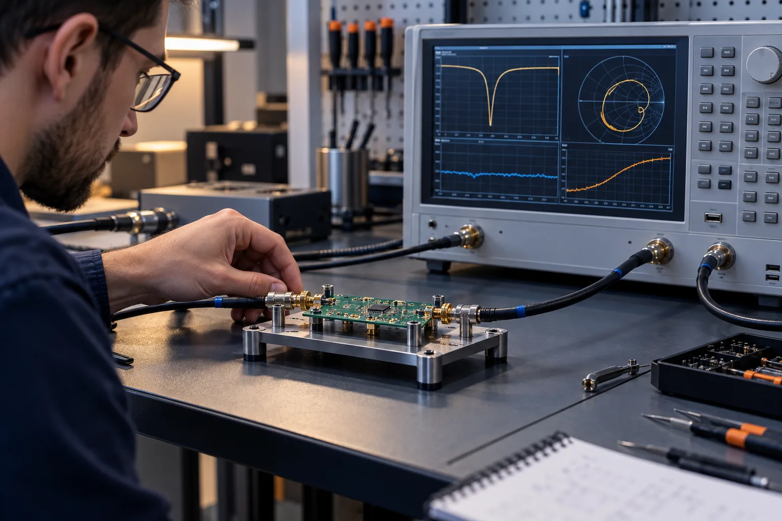 Escena editorial generada por IA: RF PCB conectado a un analizador de red en un laboratorio