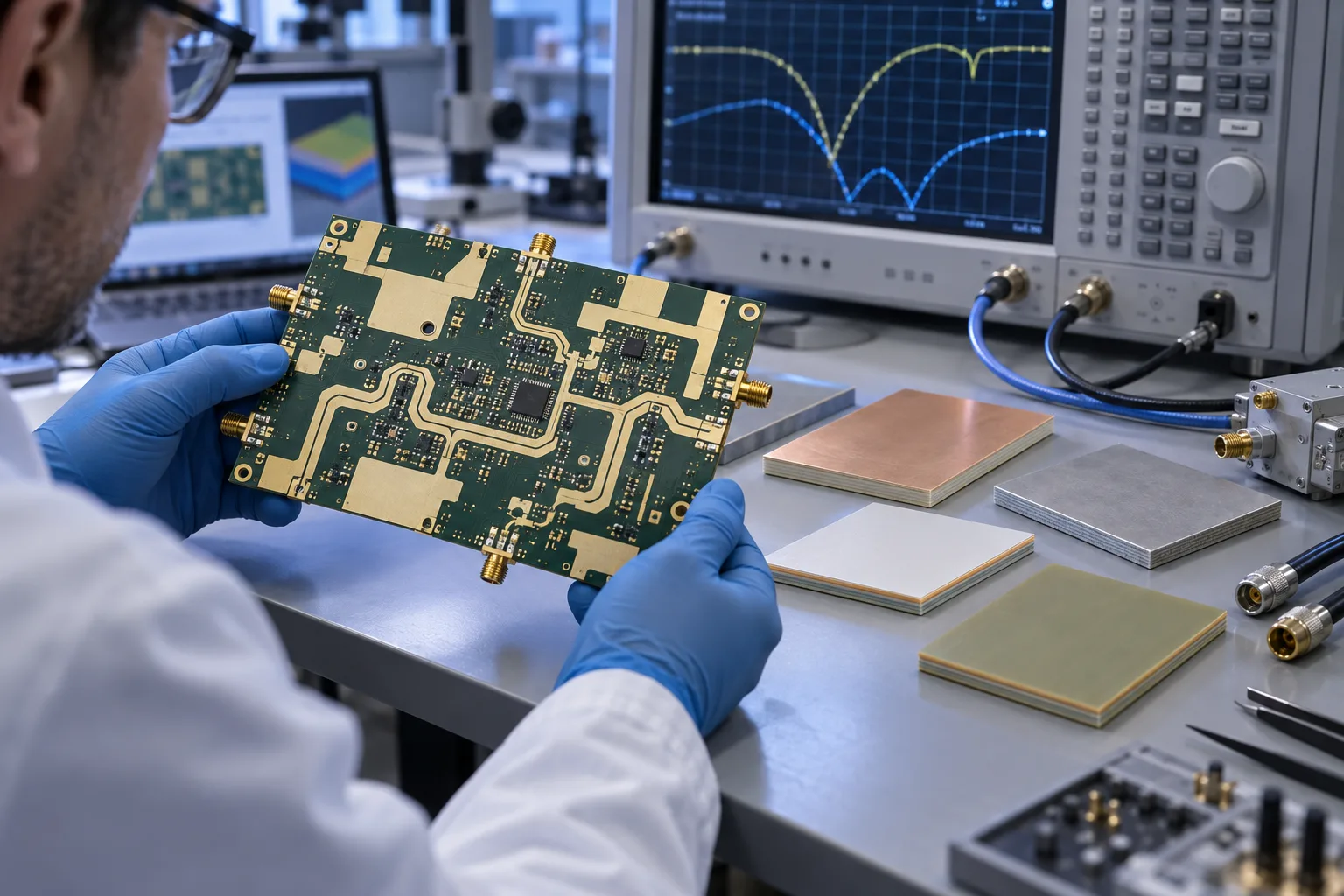 AI-generated editorial scene: RF PCB material and stackup selection in a PCB or PCBA production context