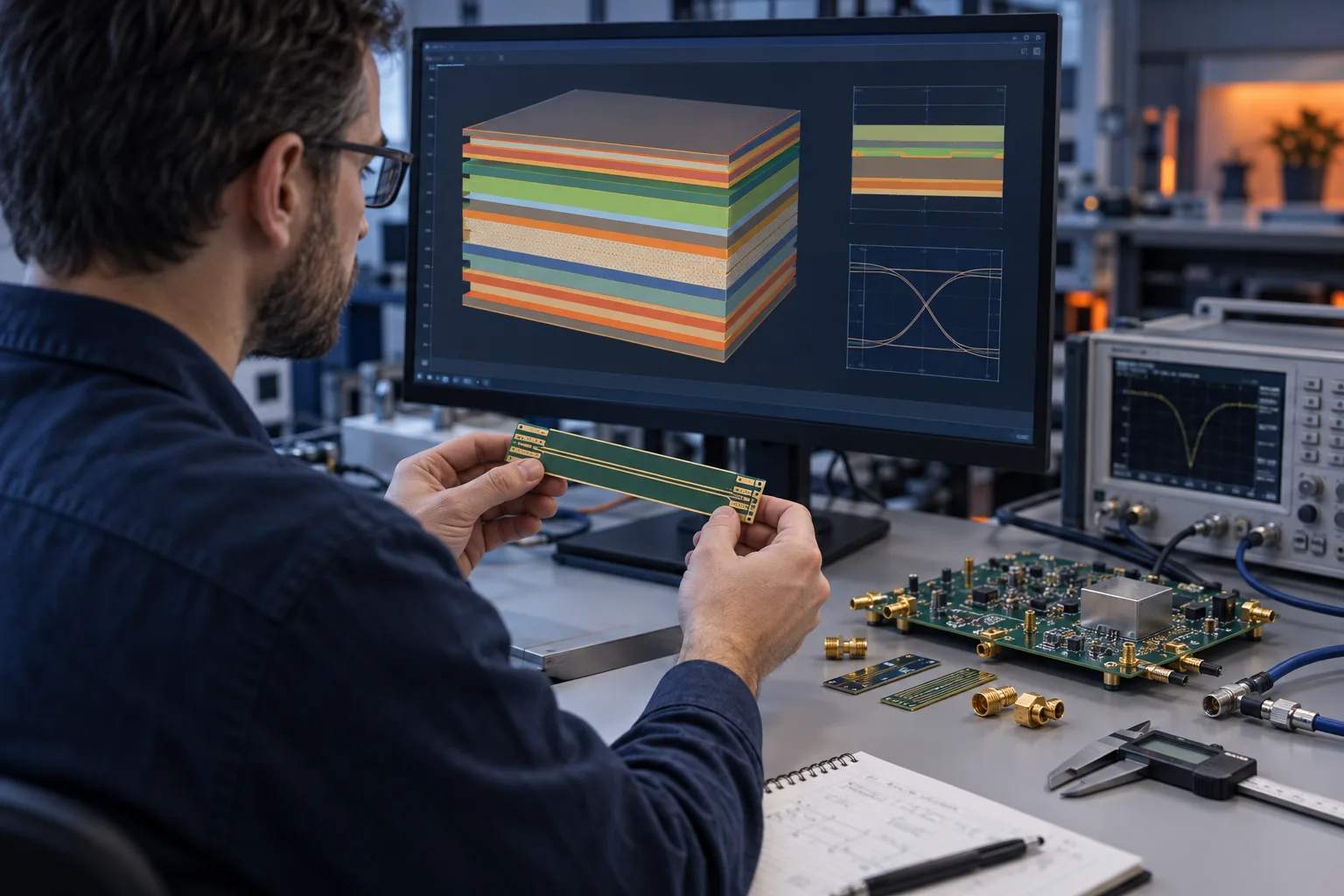 Escena editorial generada por IA: ingeniero de RF revisando un cupón de prueba de apilamiento multicapa y