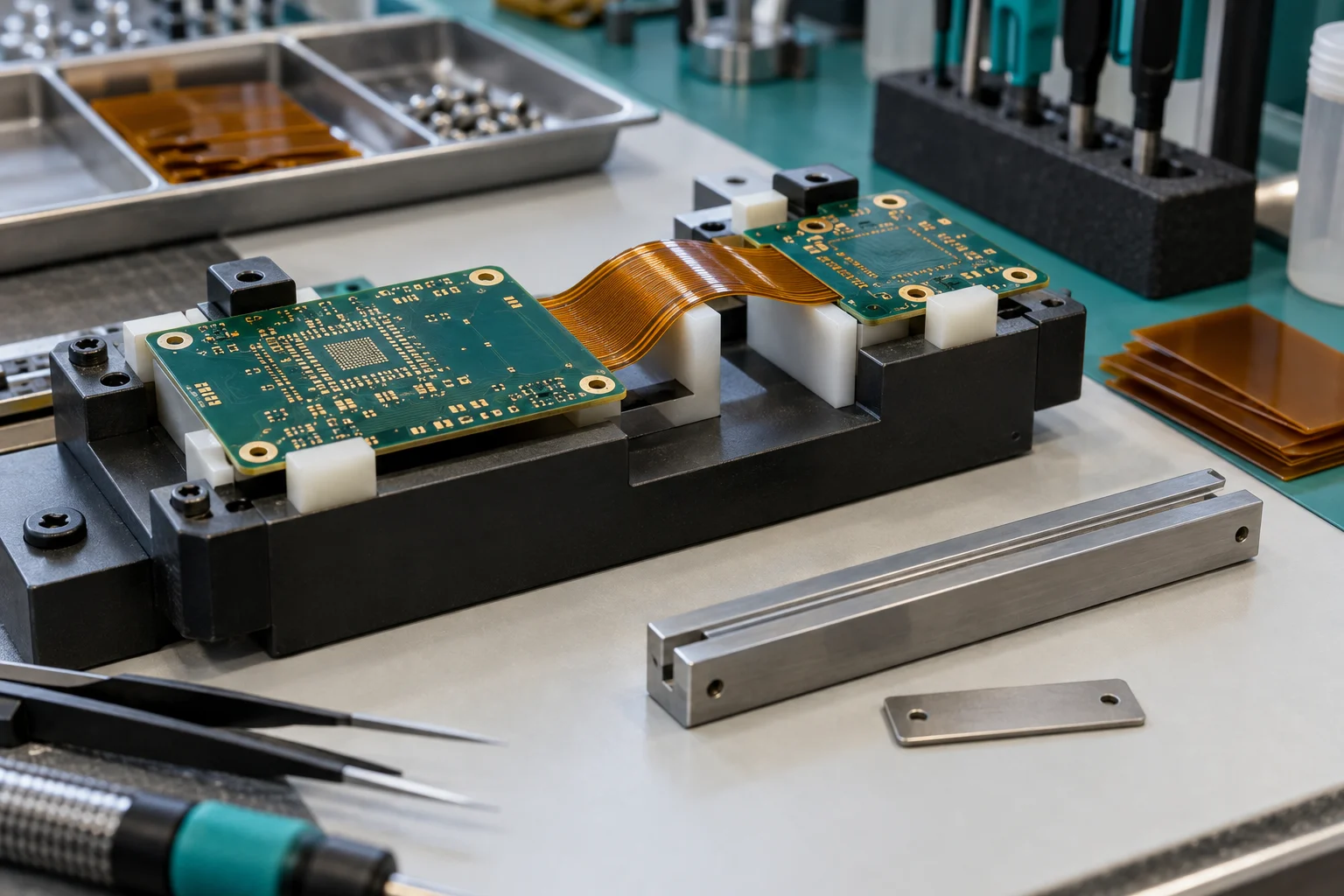 KI-generierte Illustration: bare rigid-flex PCB unterstützt in einer Montagevorrichtung mit einem separaten Versteifer in der Nähe