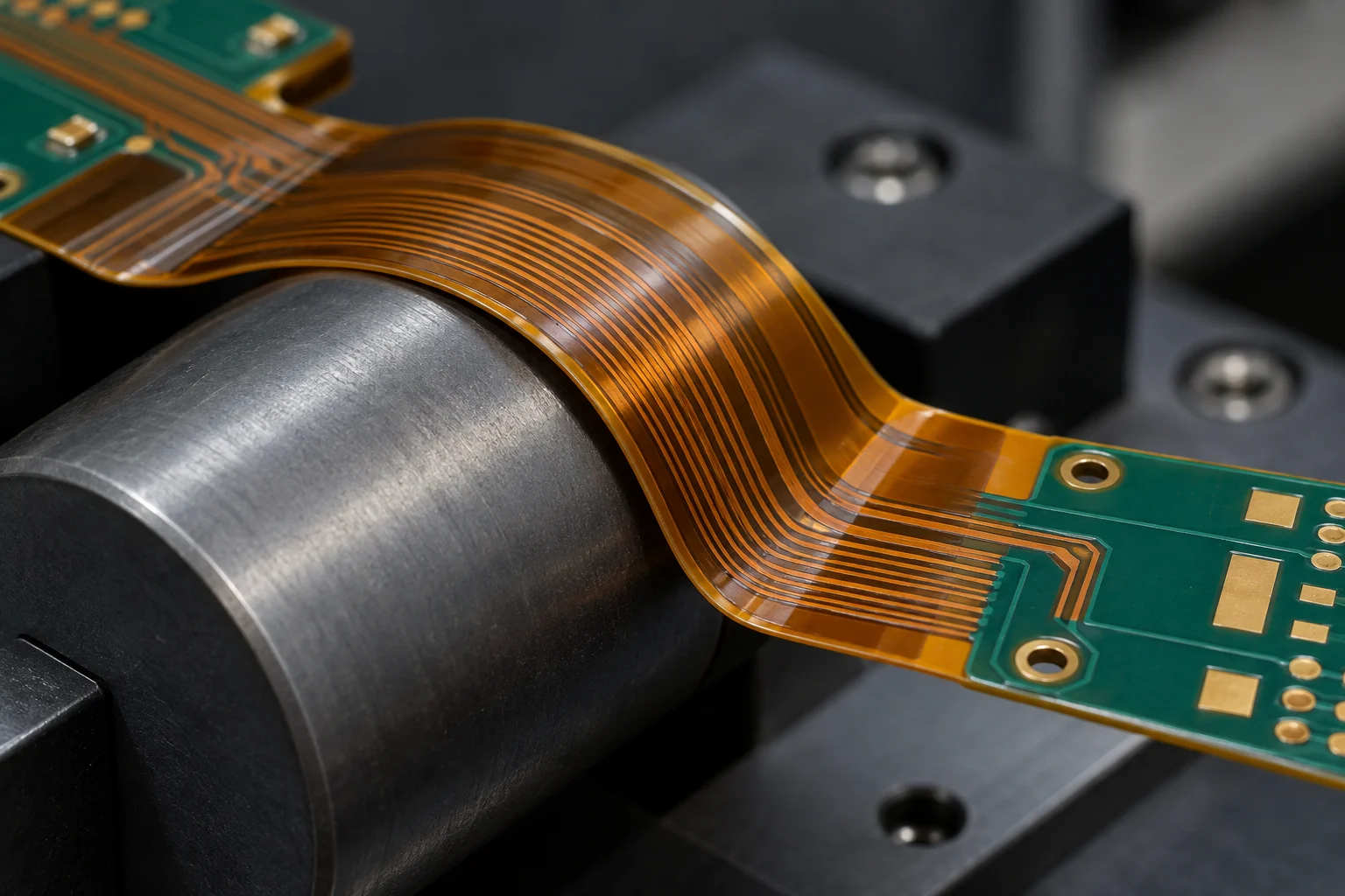 KI-generierte Illustration: rigid-flex PCB Flex Schwanz um einen glatten Radius fixiert gekrümmt