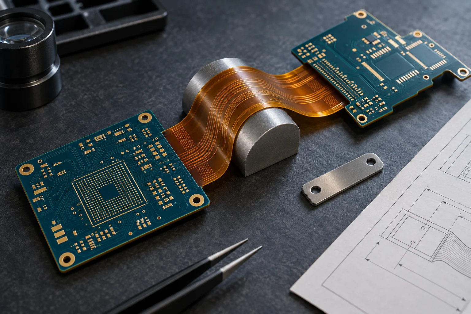 KI-generierte Illustration: rigid-flex PCB Biegen um eine glatte Radiusführung mit starren Abschnitten und Polyimidflex; kein PCBArise Produktionsfoto