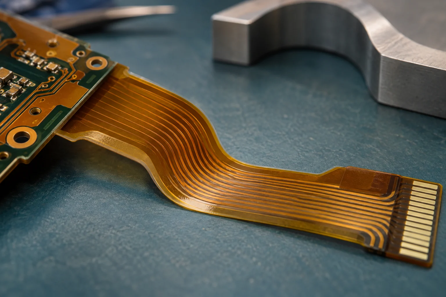 KI-generierte Illustration: Nahansicht der flexiblen PCB-Abdeckung und glattes Kupfer-Track-Routing in der Nähe eines starren Flex-Übergangs