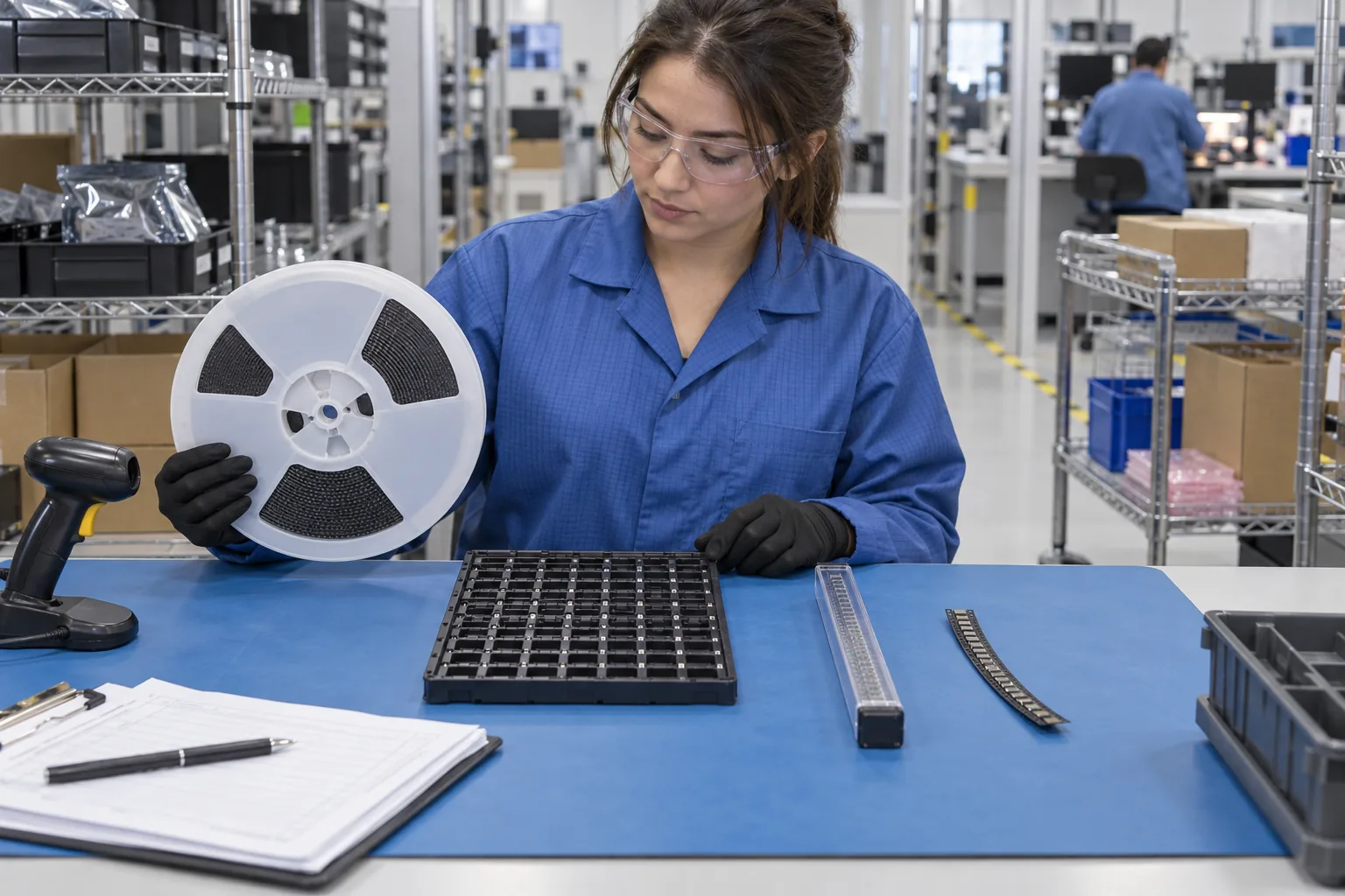 AI-generated illustration: NPI materials specialist compares a generic reel, tray, tube and cut-tape strip at an ESD-safe receiving bench; not a PCBArise facility or customer kit