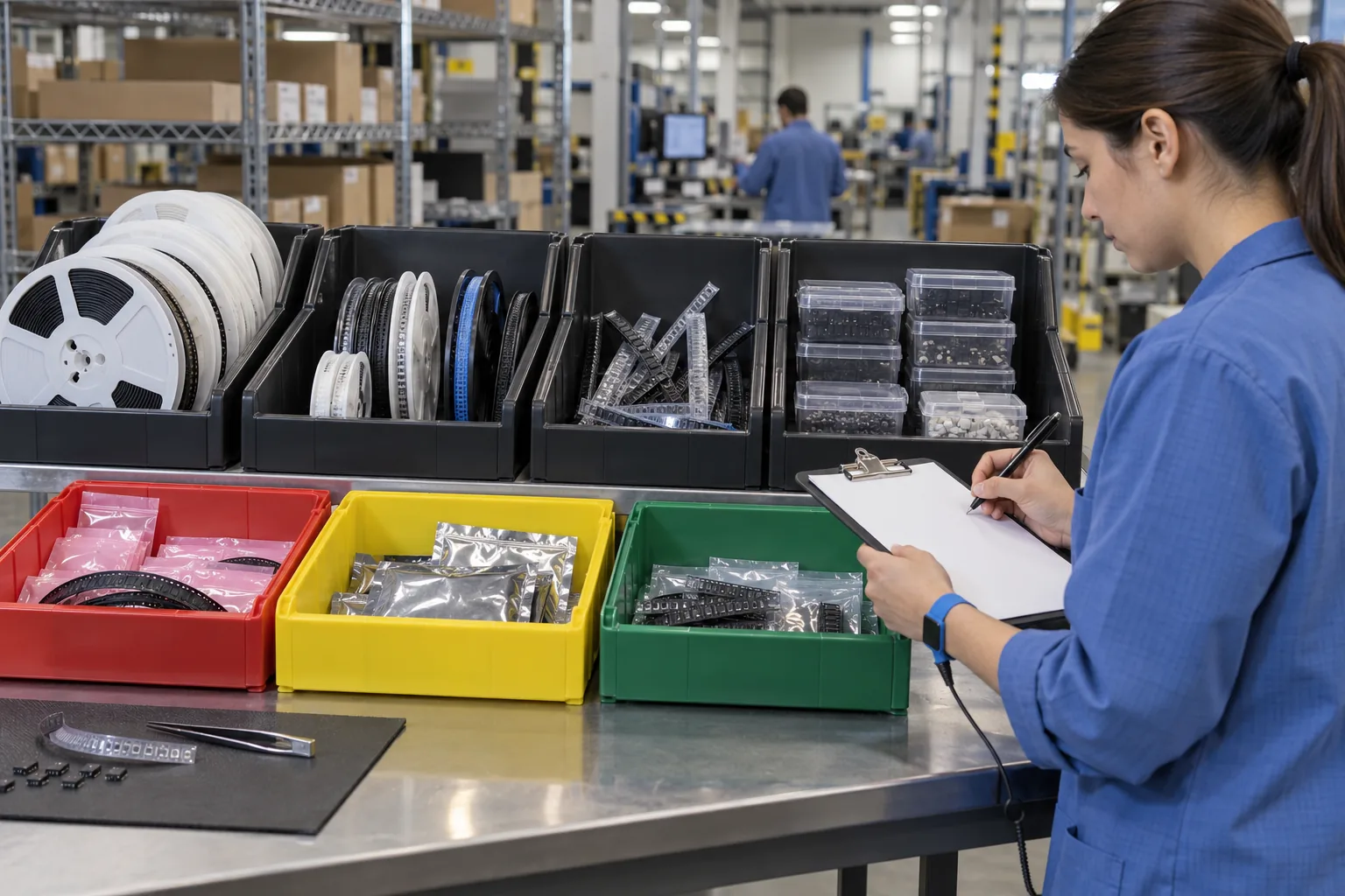 AI-generated illustration: materials coordinator separates generic reels, cut tape, loose parts and discrepancy containers while completing a handoff record