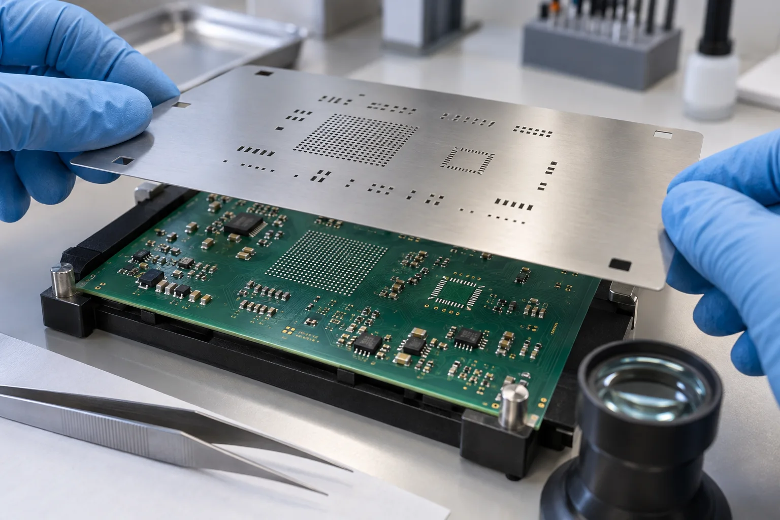 AI-generated illustration: stainless solder-paste stencil above a PCB with BGA and QFN land patterns; not a PCBArise production photograph