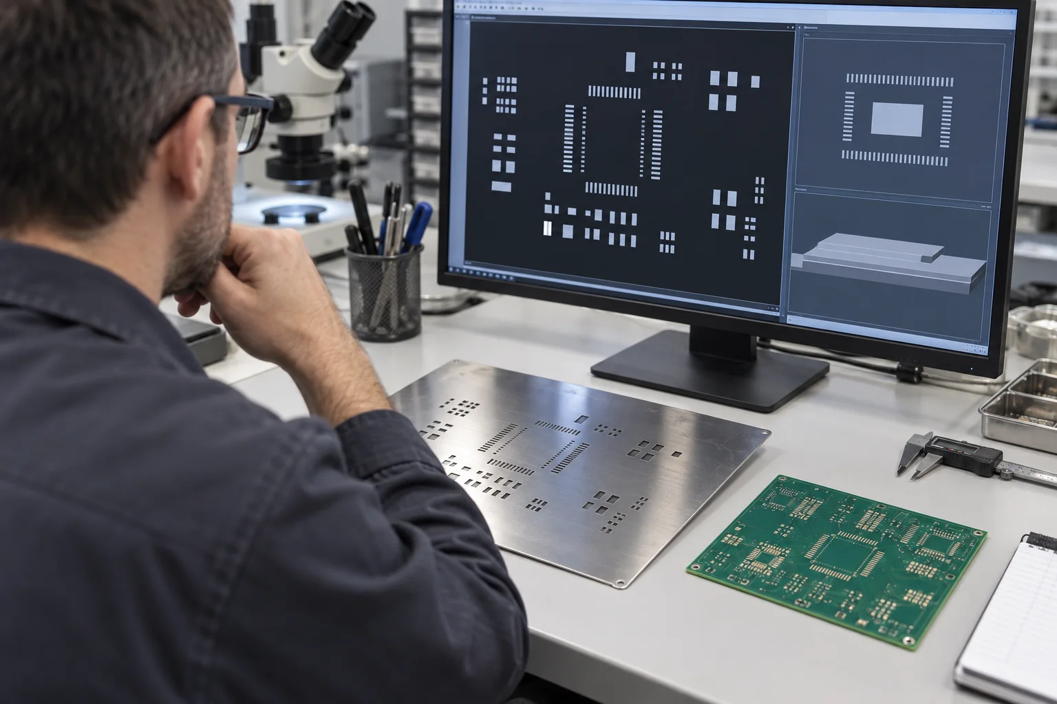 AI-generated illustration: engineer reviewing stencil aperture geometry beside a PCB and stainless stencil