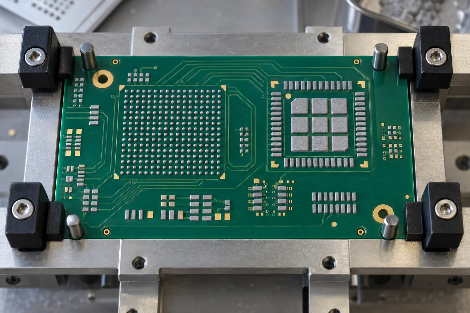 AI-generated illustration: PCB fixture with paste deposits on BGA and QFN pads before component placement