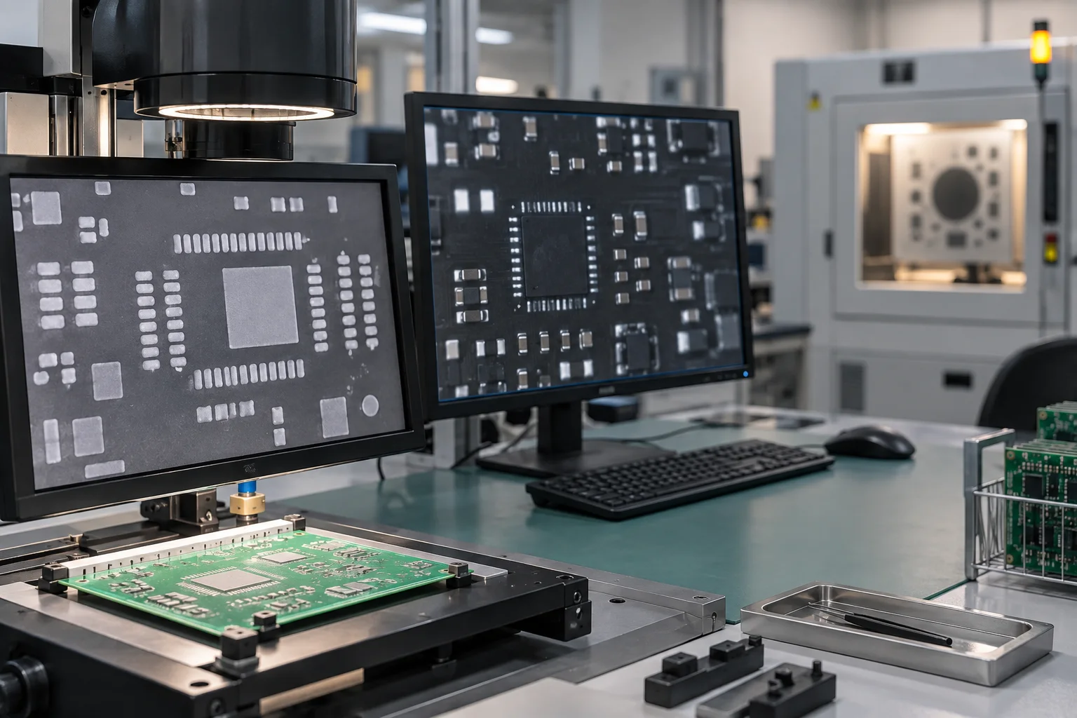AI-generated illustration: inspection workbench showing a printed PCB, an optical inspection view and a separate X-ray station