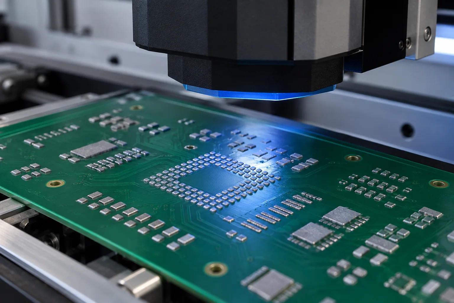 AI-generated illustration: optical inspection head above solder paste deposits on a PCB before component placement