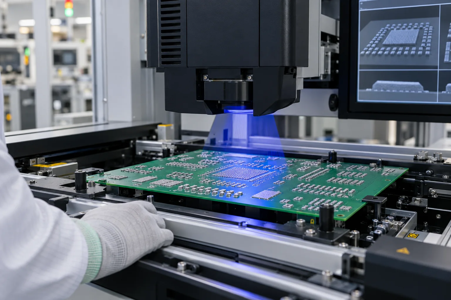 AI-generated illustration: optical solder-paste inspection head scanning a PCB before component placement; not a PCBArise inspection record