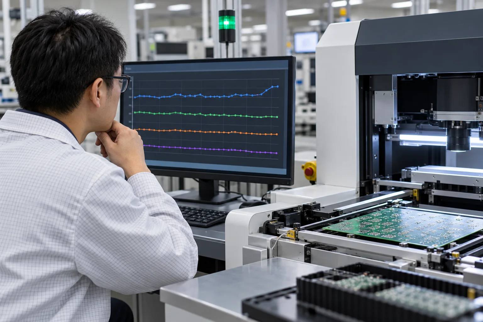 AI-generated illustration: process engineer reviewing generic trend lines beside an optical paste-inspection system
