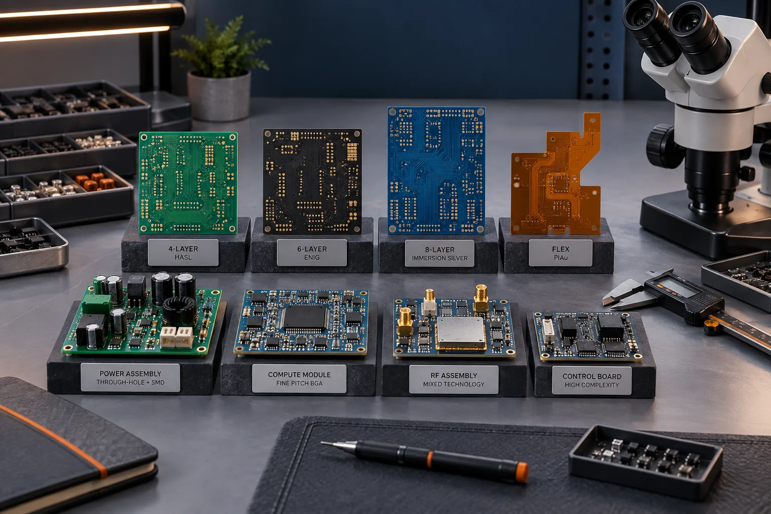 المشهد التحريري الذي تم إنشاؤه بواسطة AI: Bare PCB و عينات مجلس تجميعها على مكتب تقييم الموردين