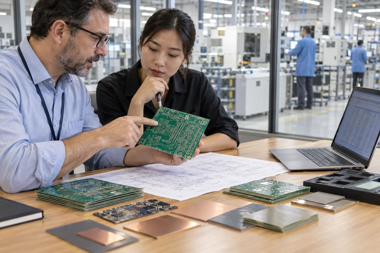 AI-generated editorial scene: qualify PCB manufacturer China in a PCB or PCBA production context