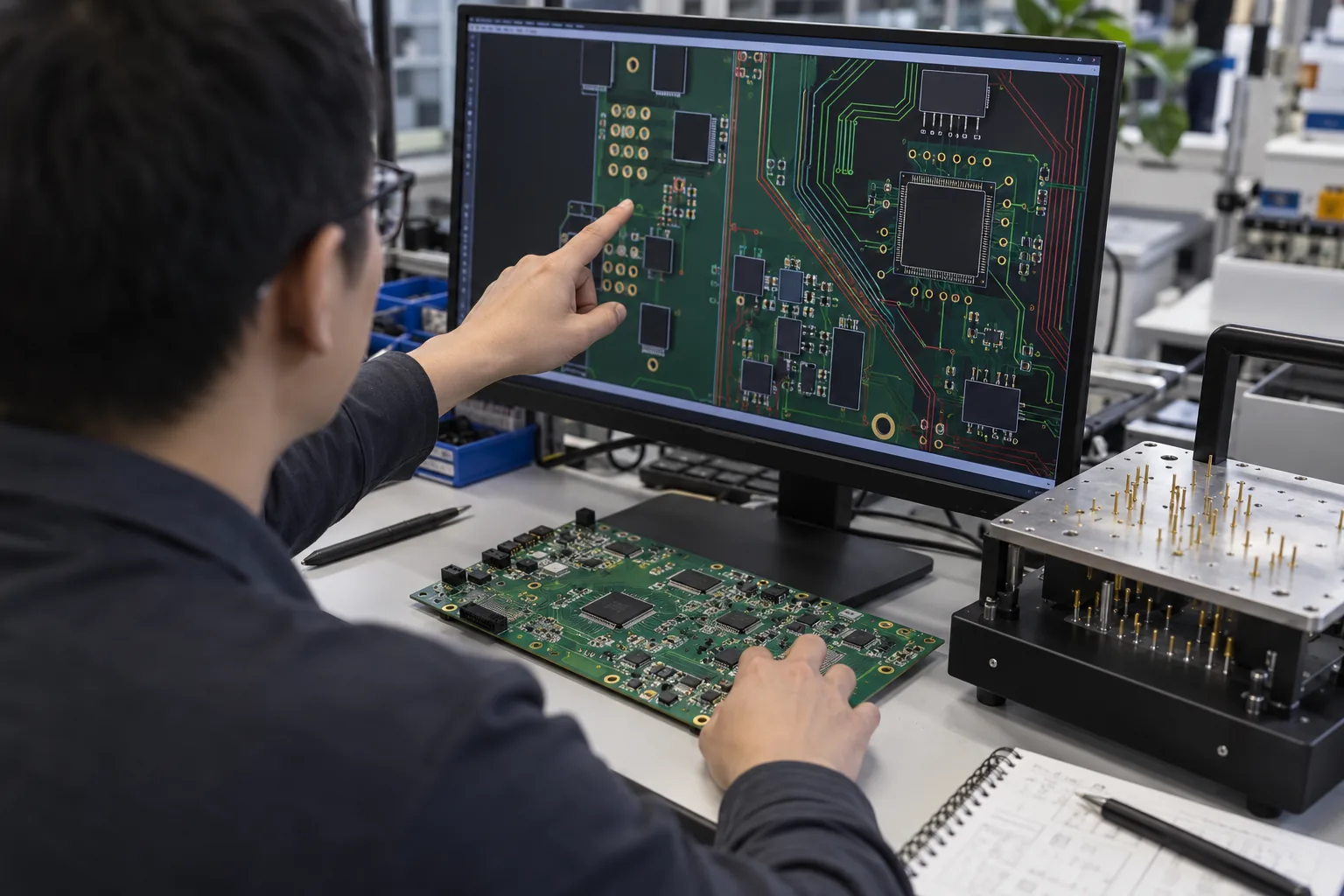 AI-generated illustration: engineer reviewing generic PCB test-point coordinates in CAD beside a board and fixture