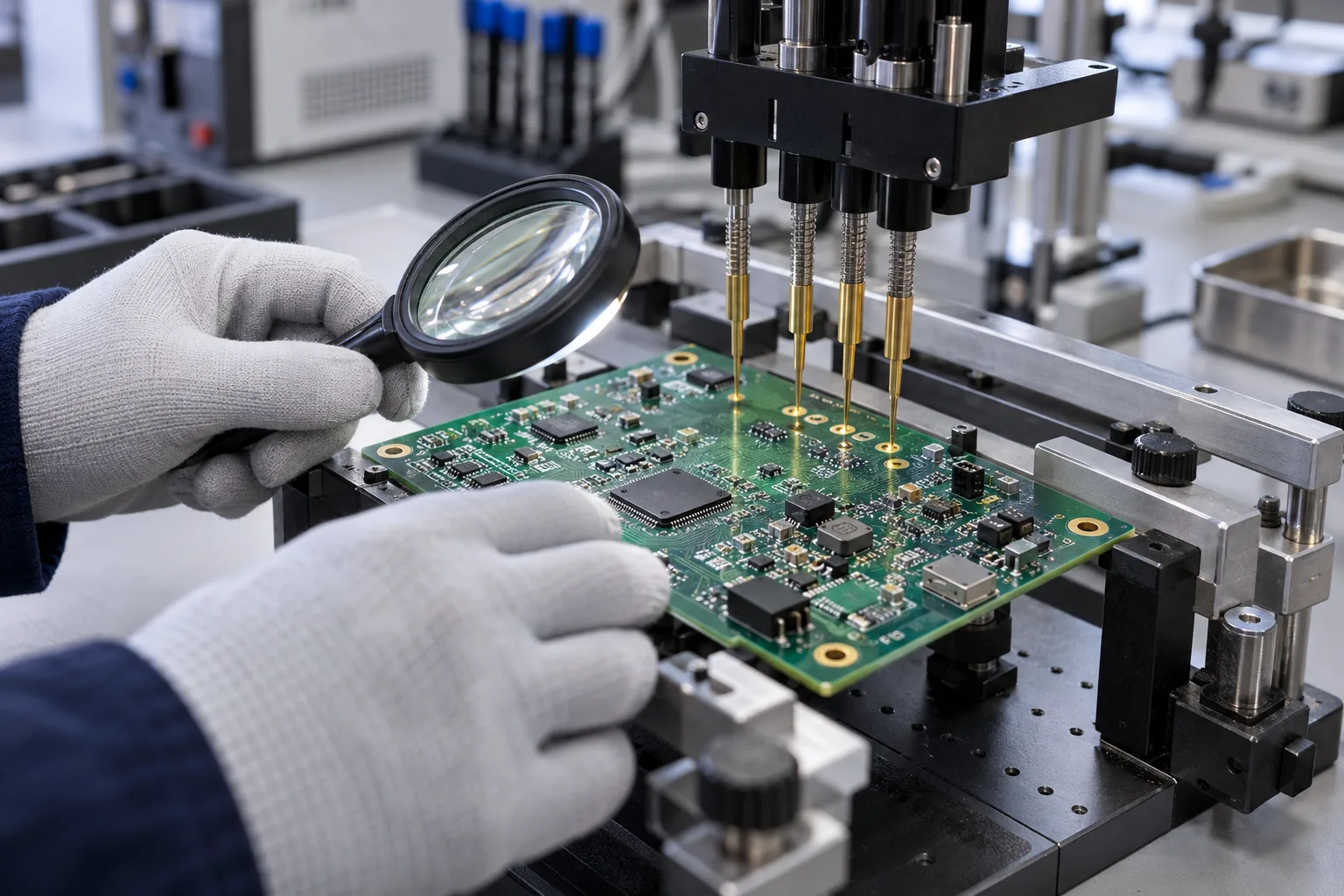 AI-generated illustration: populated circuit board in a generic probe fixture with an engineer preparing test access; not a PCBArise facility or customer board