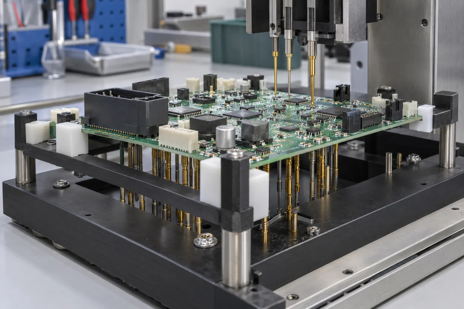 AI-generated illustration: generic double-sided PCB test fixture showing upper and lower probe access around tall components