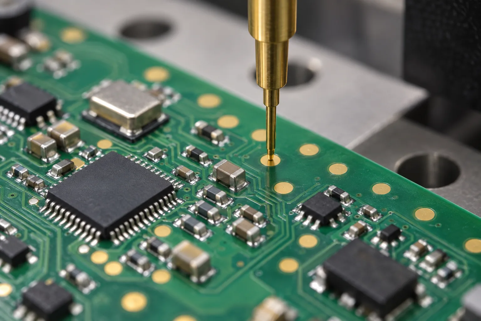 AI-generated illustration: macro view of a generic test probe approaching an exposed gold PCB target beside components