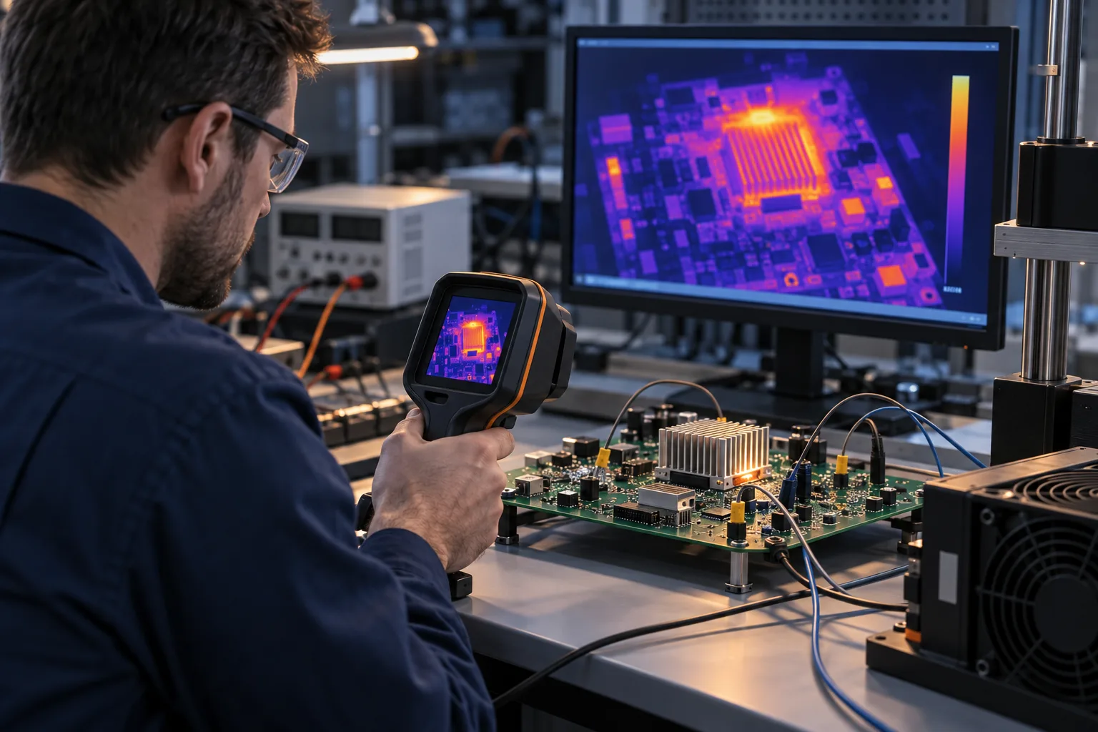 Scène éditoriale générée par l'IA: Ingénieur évaluant le comportement thermique de PCB avec une caméra infrarouge