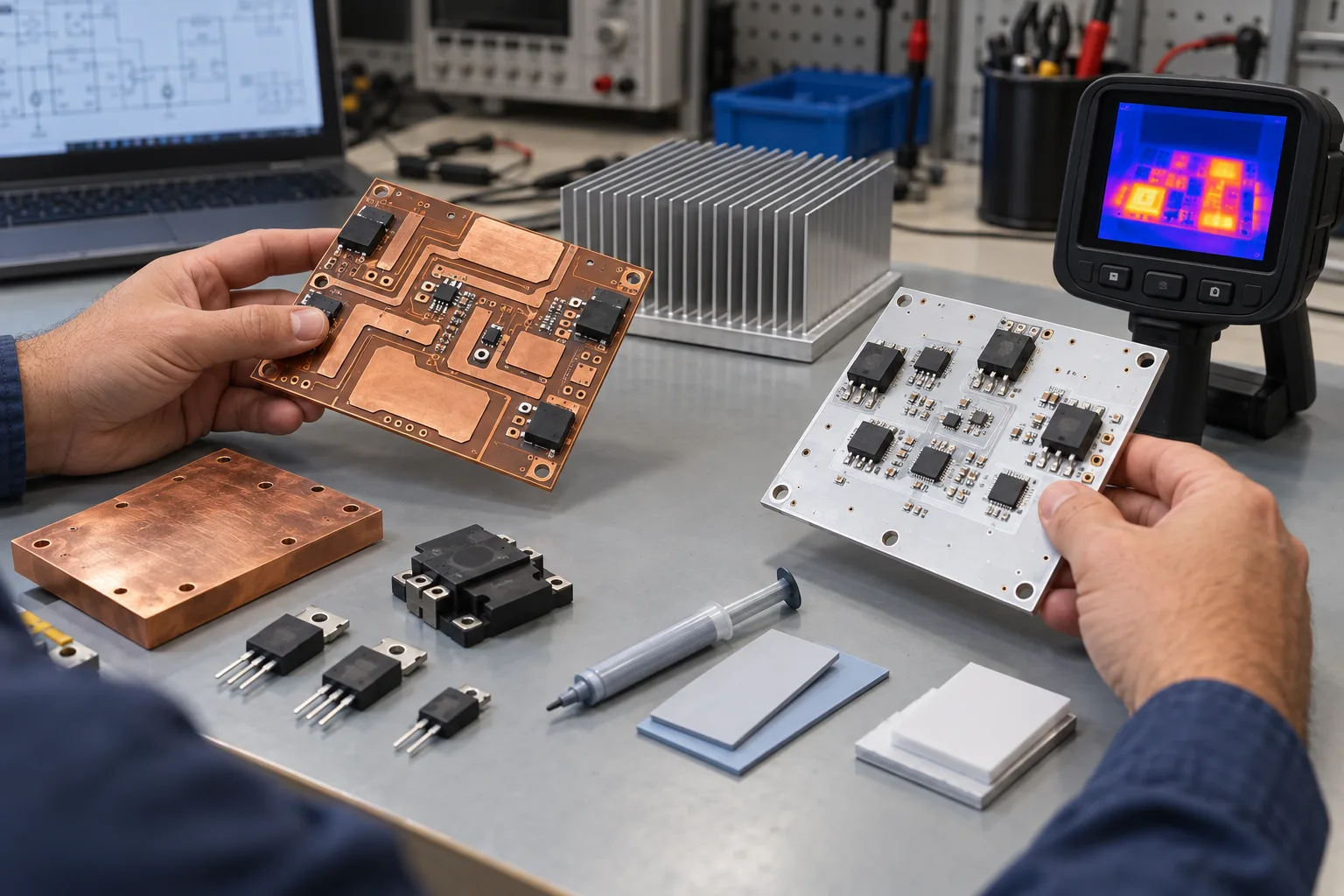 AI-generated editorial scene: thermal PCB design inputs in a PCB or PCBA production context