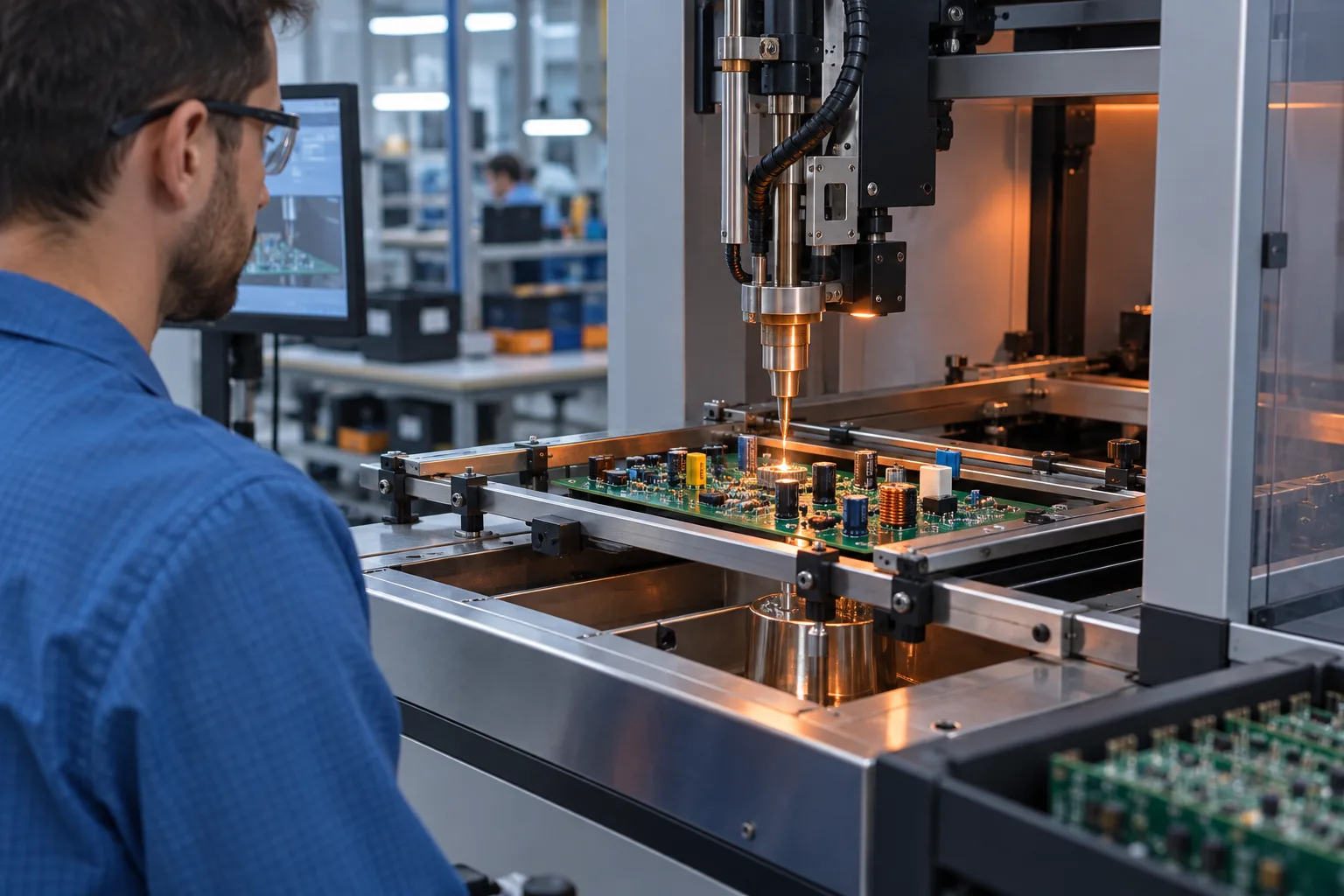 المشهد التحريري الذي تم إنشاؤه بواسطة الذكاء الاصطناعي: تجميع PCB من خلال ثقب في محطة عمل لحام انتقائية