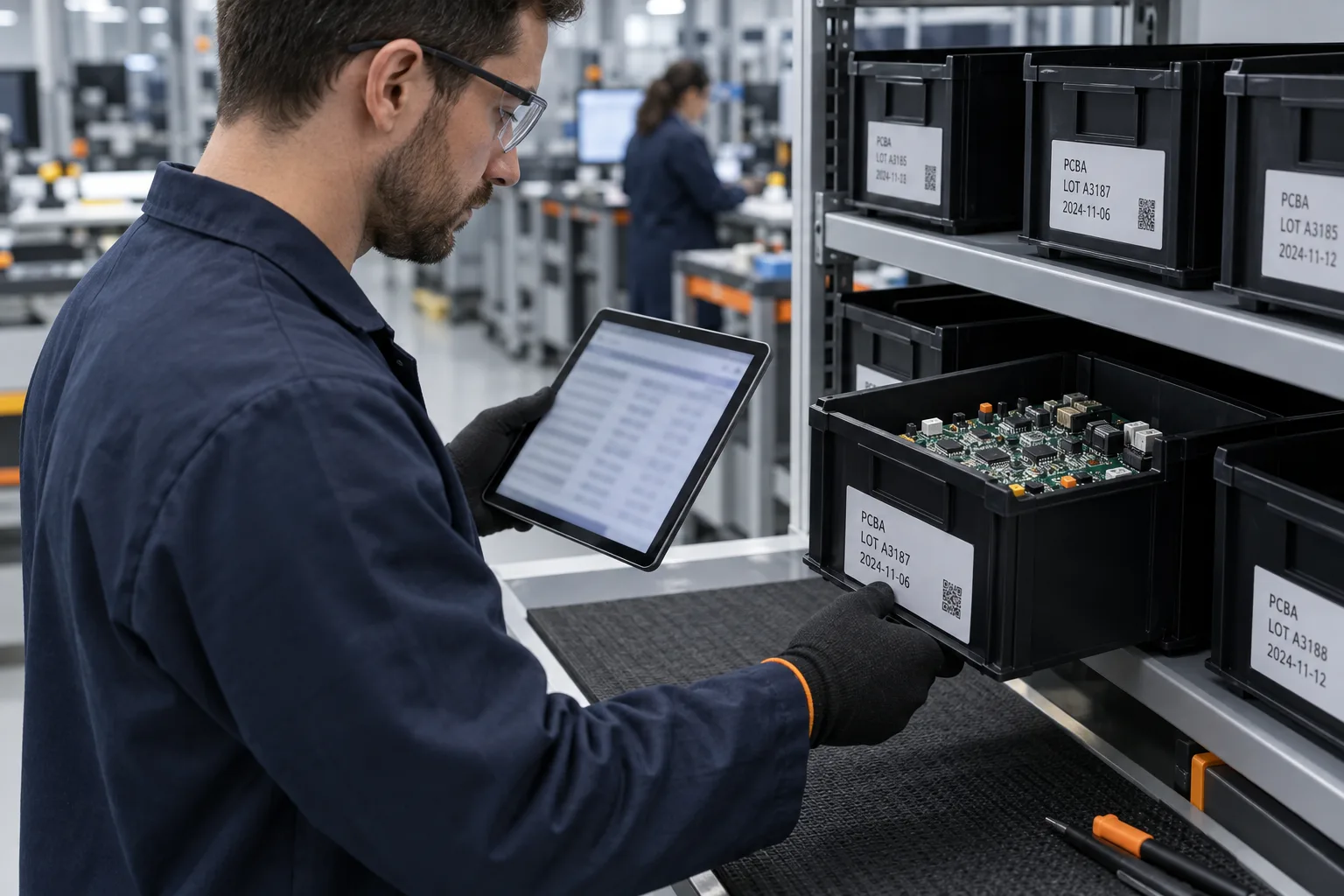 AI-generated editorial scene: Engineer retrieving a PCBA lot and its manufacturing history