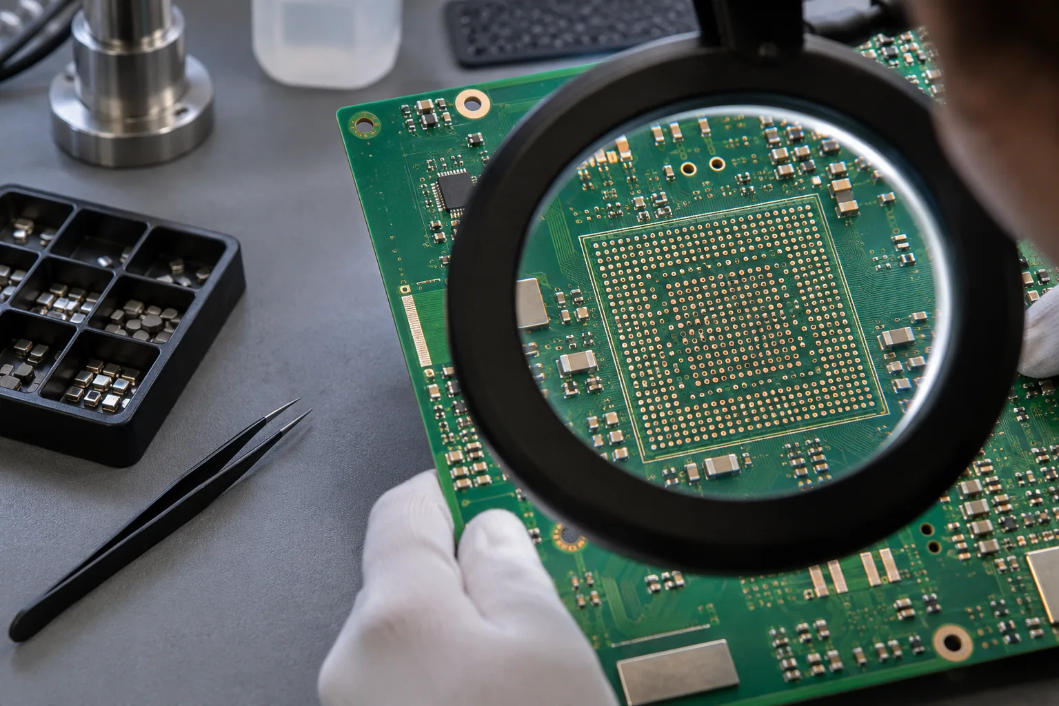 AI-generated illustration: close detail of fine-pitch BGA pads and PCB via structures; not a customer product