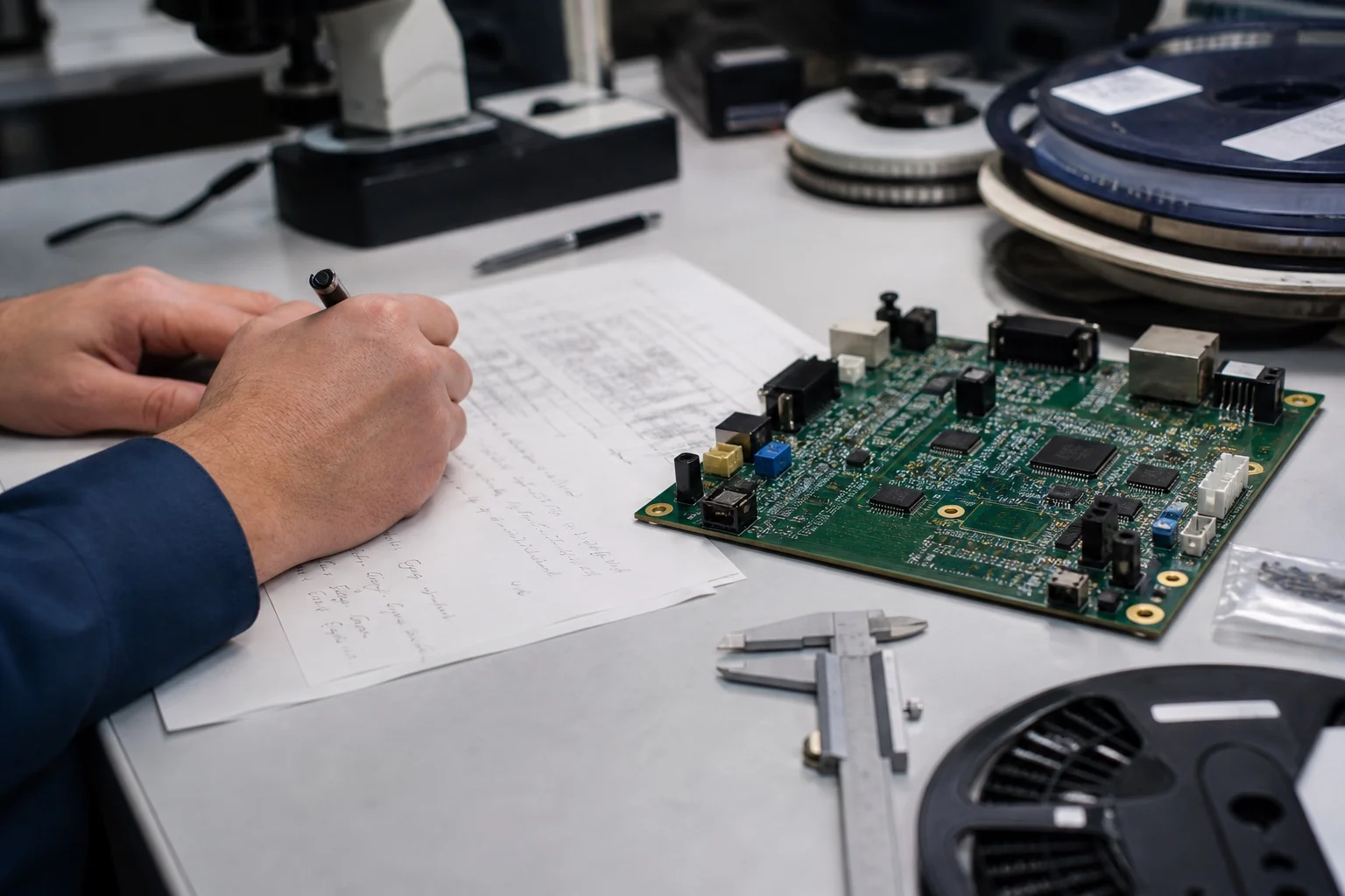 Editorial PCB engineering workbench with a populated circuit board