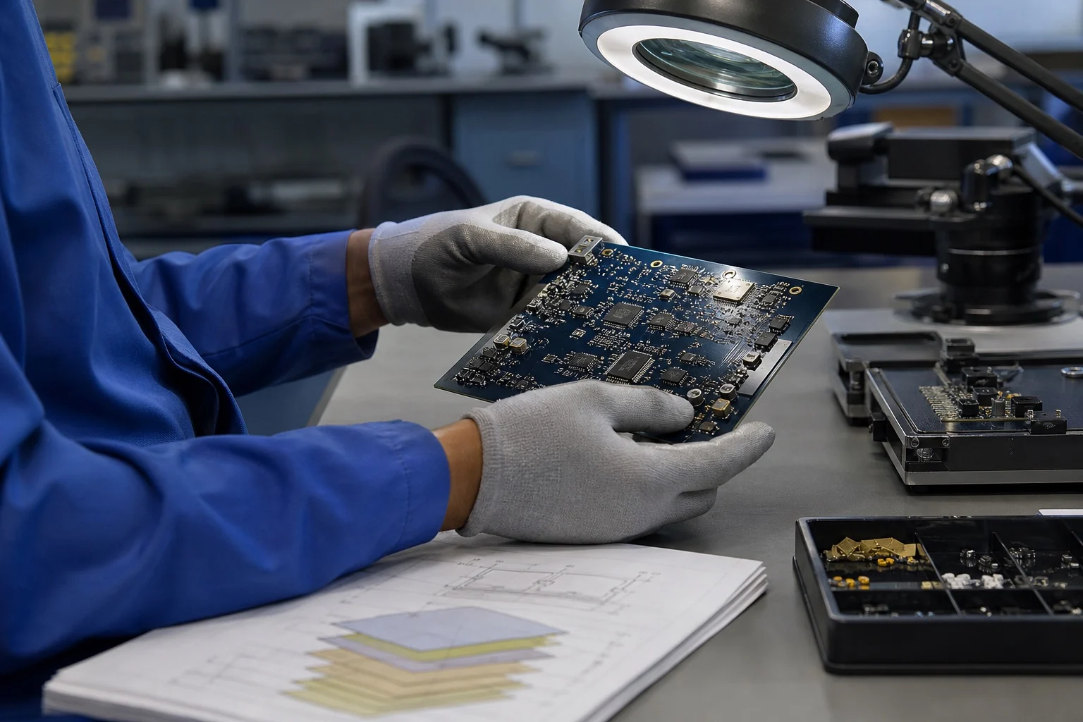 Quality engineer inspecting a populated PCBA under a magnifying lamp
