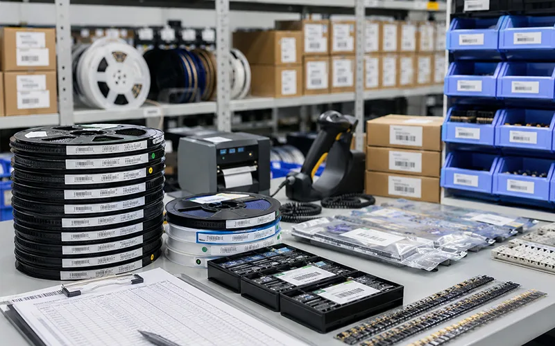 Component reels and BOM materials prepared for electronics sourcing review